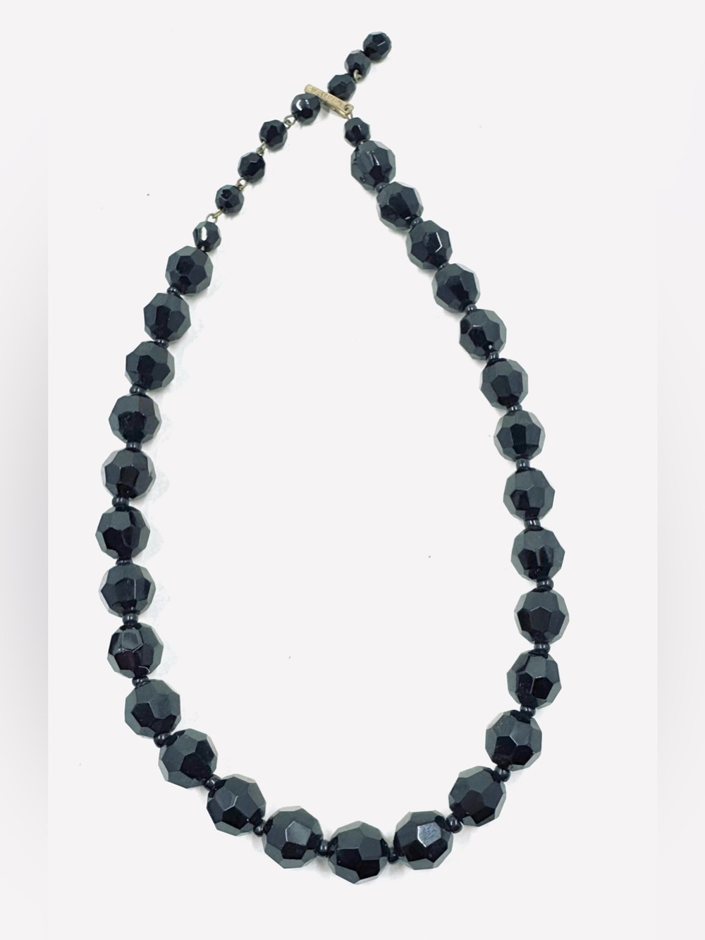 W Germany Vintage Black Faceted Glass Beaded Choker Necklace 14-16” 9.7mm Beads